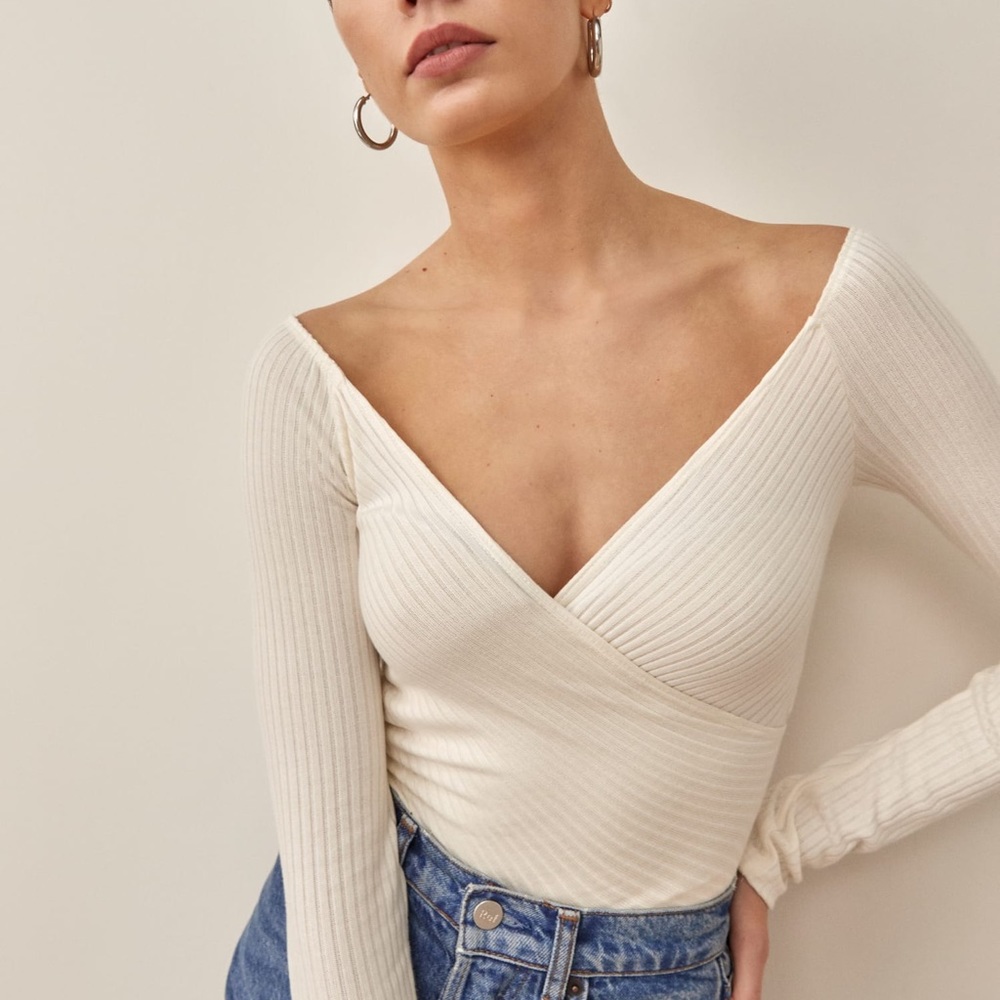 REFORMATION Ivory Off The Shoulder Ribbed Long Sleeve Top XL Knit Stretch NWT